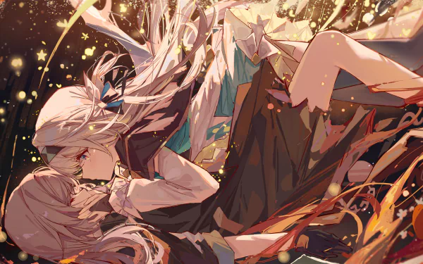 HD PC desktop wallpaper featuring Stelle and Firefly from Honkai: Star Rail in a dynamic, detailed anime-style illustration with glowing effects and warm tones.