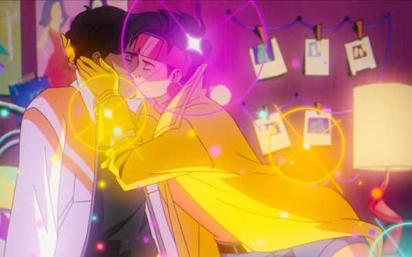 A vibrant HD wallpaper from X-Men '97 featuring Jubilee, joyfully embracing someone in a colorful, magical setting filled with lights and sparkles.