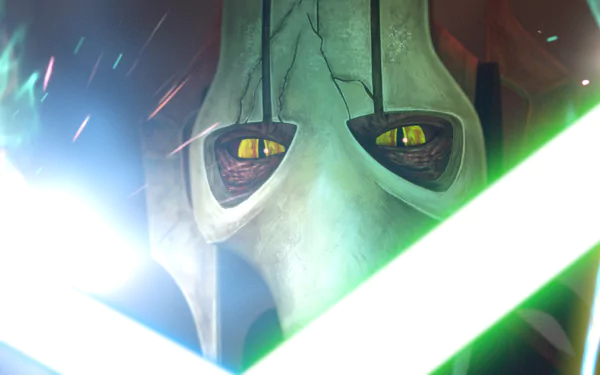 Close-up HD wallpaper featuring General Grievous with glowing yellow eyes from Star Wars: Tales of the Empire, surrounded by green lightsaber glows.