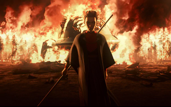 Star Wars: Tales of the Empire HD wallpaper featuring a character with a lightsaber standing before a fiery backdrop.