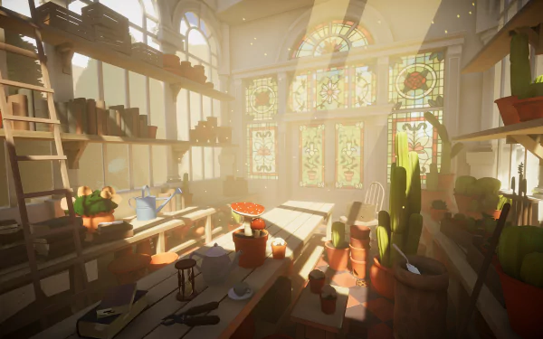 HD desktop wallpaper featuring the sunlit interior of Botany Manor from a video game, with lush plants and stained glass windows.