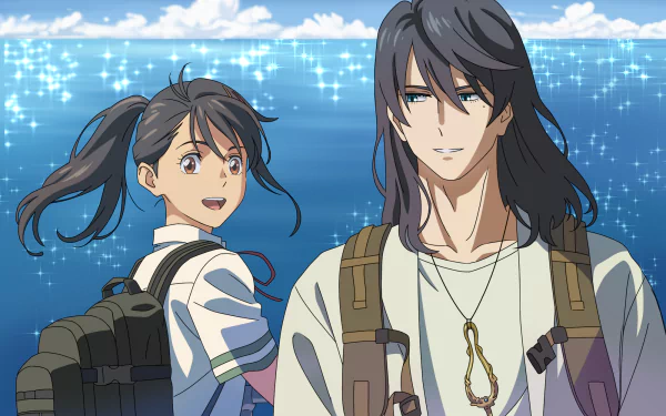 Anime-style HD desktop wallpaper featuring Suzume Iwato and Souta Munakata from Suzume no Tojimari standing by a sparkling ocean under a bright blue sky.