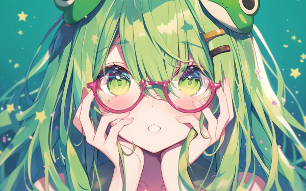 HD anime wallpaper featuring a green-haired anime girl with glasses looking surprised surrounded by twinkling stars.