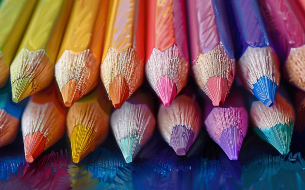 HD desktop wallpaper of vibrant colored pencils in a row, showcasing a spectrum of colors with sharp tips and textured details.