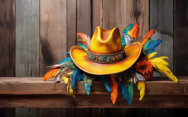 HD desktop wallpaper featuring a colorful cowboy hat with feather decorations against a wooden backdrop.
