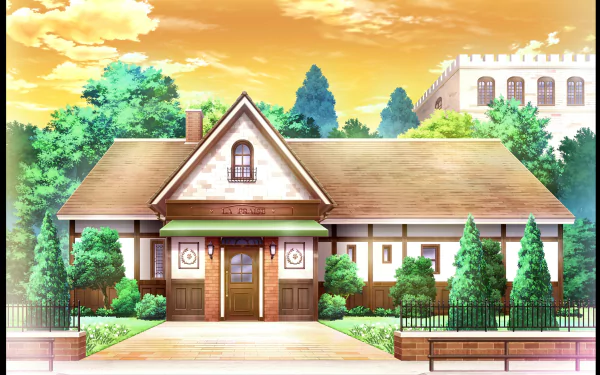 A picturesque anime-inspired scene from Vampire Dormitory, featuring a charming house surrounded by lush greenery, set against a vibrant sunset sky. HD desktop wallpaper.