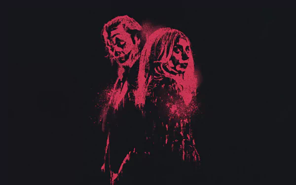 HD desktop wallpaper featuring stylized artistic silhouettes in pink and white tones against a dark background, representing characters associated with the movie Joker: Folie à Deux.