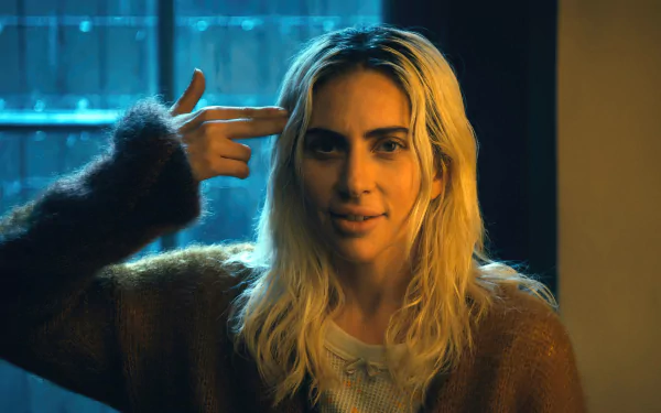 A woman with blonde hair posing with a finger gun gesture to her head, with a dimly lit background, associated with the movie Joker: Folie à Deux. This is an HD desktop wallpaper.