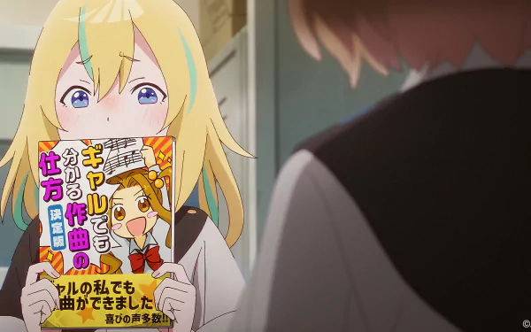 Anime scene with a blonde character holding a colorful book, titled Jellyfish Can’t Swim in the Night, for HD desktop wallpaper.