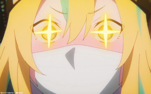 Close-up HD anime wallpaper featuring a character with glowing yellow eyes and asterisk-like pupils, blonde hair, and a face mask, evocative of the theme Jellyfish Can’t Swim in the Night.