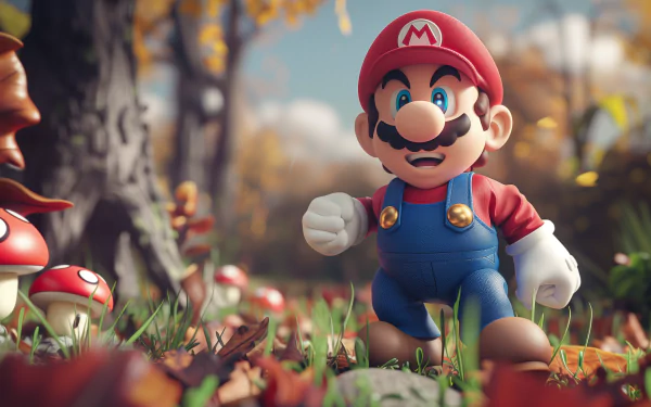 HD desktop wallpaper featuring the animated character Mario from the Super Mario series standing in a vibrant autumn scene with colorful leaves and mushrooms around him.