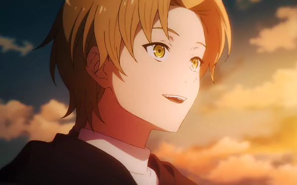 4K Ultra HD anime wallpaper featuring Rudeus Greyrat from Mushoku Tensei: Jobless Reincarnation, bathed in warm sunset light with a serene sky background.