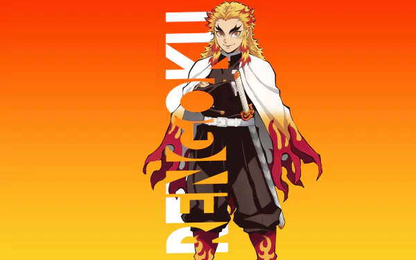 HD PC desktop wallpaper featuring Kyojuro Rengoku from Demon Slayer: Kimetsu no Yaiba, anime styled by ufotable with vibrant orange and yellow gradient background.