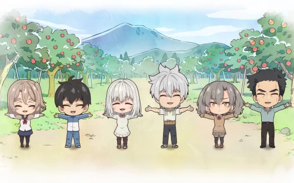HD anime wallpaper of young versions of Grandpa Seizou Saitou and Grandma Ine Saitou with three others, holding hands in a cheerful outdoor setting.