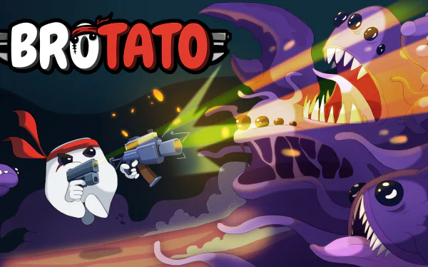 HD desktop wallpaper for the video game Brotato, featuring an animated potato character wielding dual guns amidst attacking alien creatures.