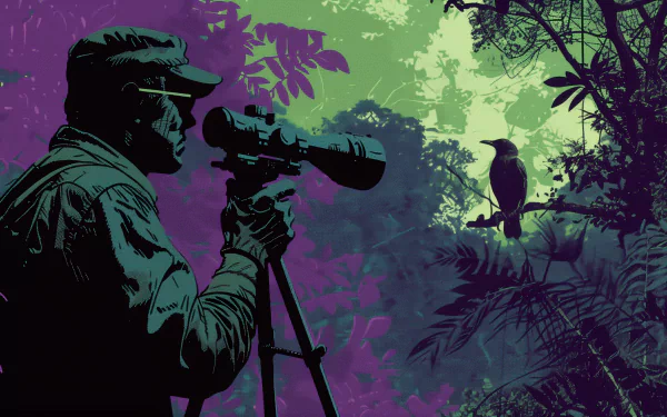 An illustrated HD desktop wallpaper showing a person in a hat observing a bird through binoculars mounted on a tripod, set against a stylized forest background with vibrant purple and green hues.