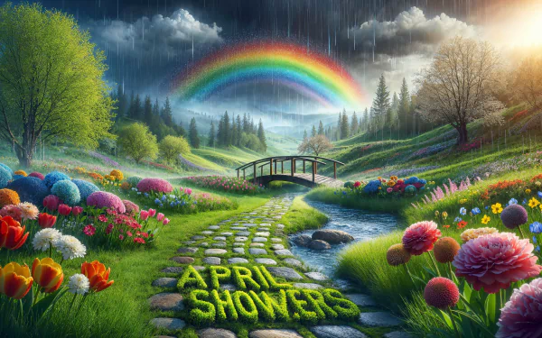 HD wallpaper depicting a vibrant spring landscape with a rainbow and rain symbolizing 'April Showers,' featuring colorful flowers, a cobblestone path, and lush greenery.