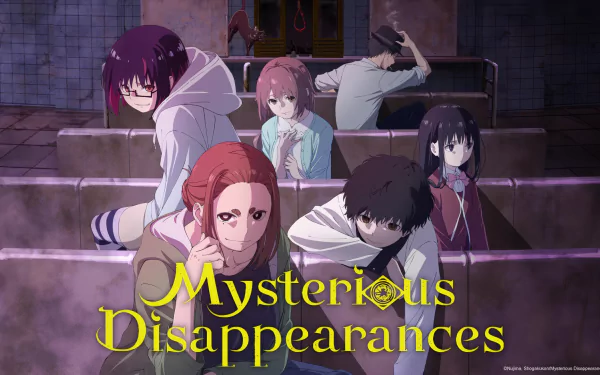 HD desktop wallpaper featuring anime characters, presumably Ren Adashino and Sumireko Ogawa, with concerned expressions, in a dimly-lit, eerie setting with the text Mysterious Disappearances prominently displayed.