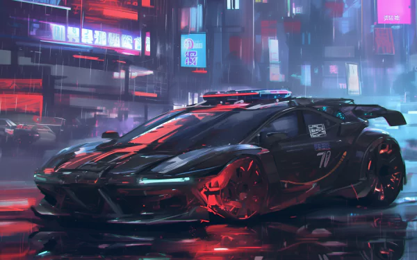 HD anime-style wallpaper featuring a sleek black sports car with neon highlights parked on a rainy cyberpunk city street, with a police car's flashing lights visible in the background.