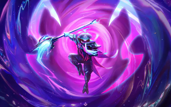 HD desktop wallpaper featuring Jax, a character from the video game League of Legends, wielding a lamp post, set against a vibrant purple and pink magical background.