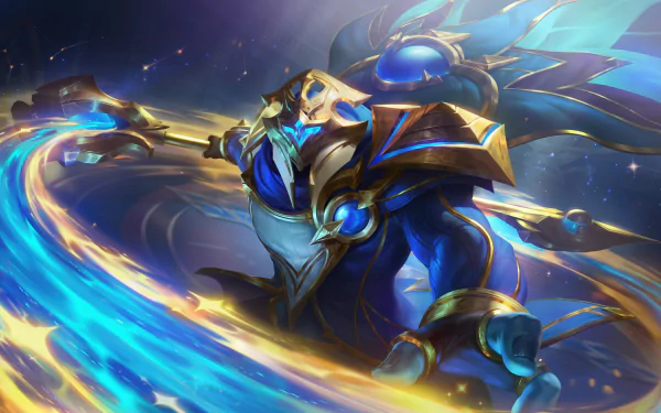 HD desktop wallpaper of Jax from League of Legends, wielding a glowing lamppost as a weapon amidst dynamic energy swirls.