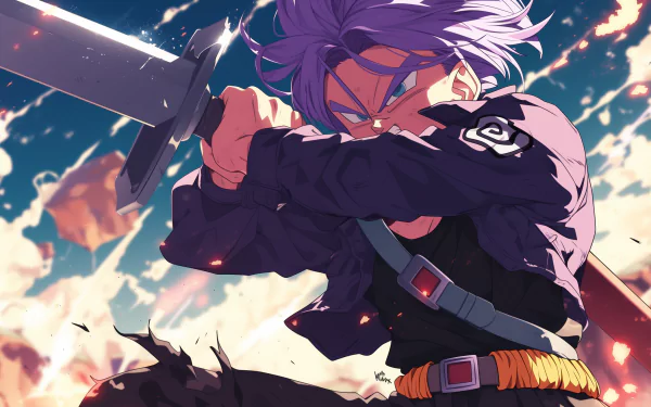 HD wallpaper of Trunks from Dragon Ball Z, wielding a sword with an intense expression, set against a dynamic, fiery background.