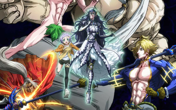 HD desktop wallpaper featuring dynamic characters from the anime Record of Ragnarok, with vivid colors and intense action poses.