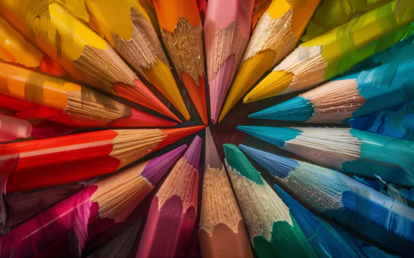 HD wallpaper of a vibrant array of sharpened colored pencils converging in a circular pattern.
