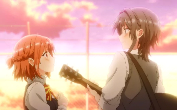 HD desktop wallpaper of two anime characters from Whisper Me a Love Song, featuring one character with short orange hair holding a guitar looking up at another character with longer hair, both bathed in the warm glow of a sunset background.