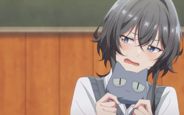 HD Anime wallpaper of a character from Whisper Me a Love Song holding a plush cat with a troubled expression, set against a soft-focus background of a wooden panel.