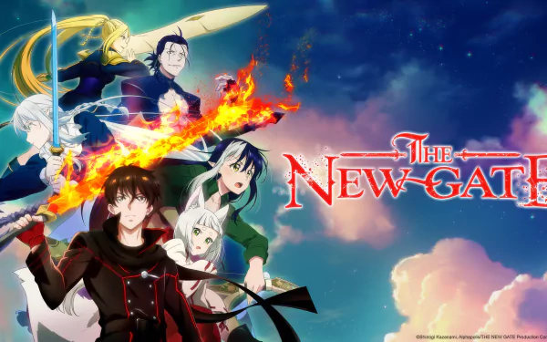 HD desktop wallpaper featuring characters from The New Gate anime, set against a cosmic backdrop with the title logo prominently displayed.