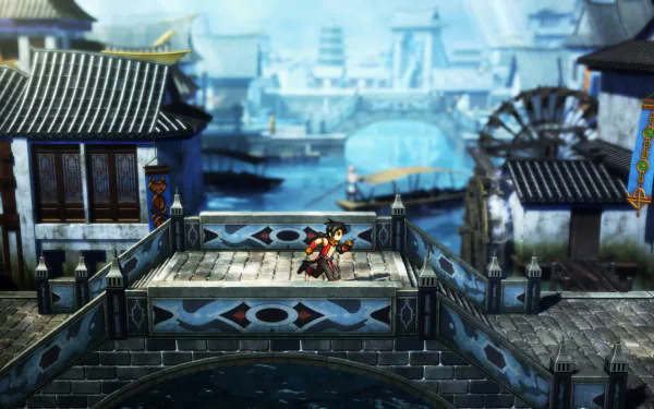 HD wallpaper of a scene from the video game Eiyuden Chronicle: Hundred Heroes, depicting characters standing on a bridge with traditional architecture and a waterwheel in the background.