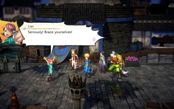 HD desktop wallpaper of Eiyuden Chronicle: Hundred Heroes featuring game characters in a medieval town setting with dialog box from character Lian saying Seriously! Brace yourselves!