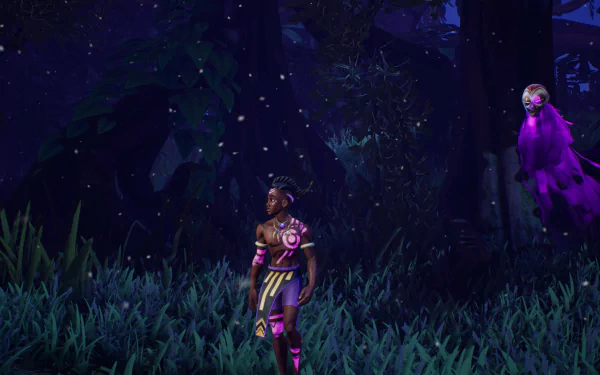 HD desktop wallpaper from the video game Tales Of Kenzera: Zau, featuring a character in armor standing in a forest with tall grass at night, with a mystical purple figure floating in the background.