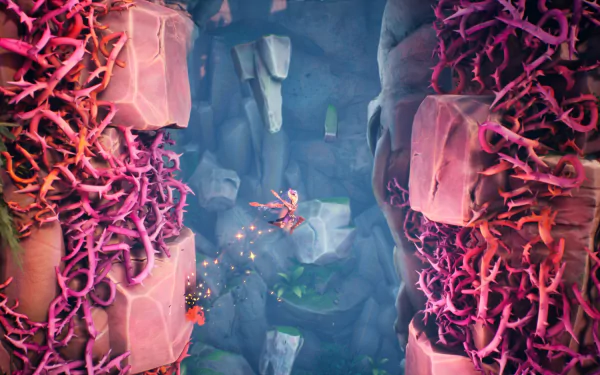HD desktop wallpaper from the video game Tales Of Kenzera: Zau featuring a fantastical cavern environment with vibrant pink vegetation.