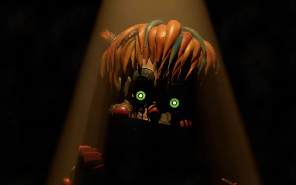 Dark, eerie animatronic from Freddy Fazbear's Pizzeria Simulator with glowing green eyes, highlighted by a single spotlight in this 8K Ultra HD Five Nights at Freddy's desktop wallpaper.