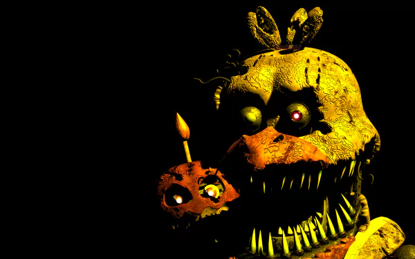 Close-up of a menacing animatronic from Five Nights at Freddy's 4 with glowing eyes, detailed in 8K Ultra HD for a PC desktop wallpaper.