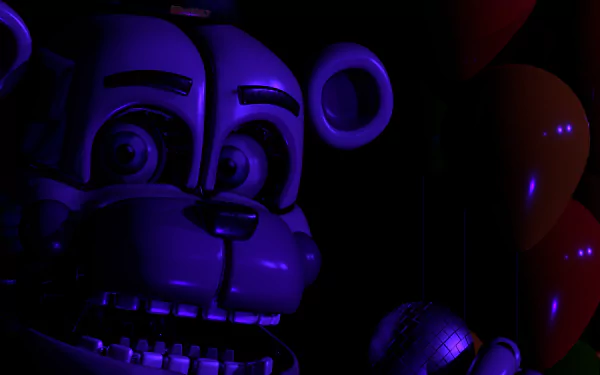 Close-up of a sinister animatronic from Five Nights at Freddy's: Sister Location, captured in deep shadows for an intense 8K Ultra HD PC desktop wallpaper.
