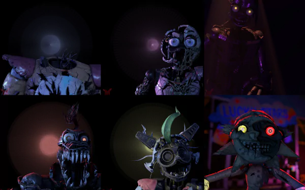 High-detail 8K Ultra HD PC wallpaper featuring animatronics from Five Nights at Freddy's: Security Breach in dark, eerie settings with vivid lighting effects.