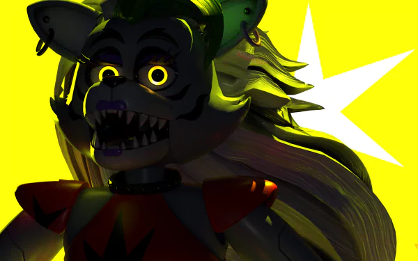 A glowing animatronic character from Five Nights at Freddy's: Sister Location against a vivid yellow background with a white star, designed as a 4K Ultra HD PC wallpaper.