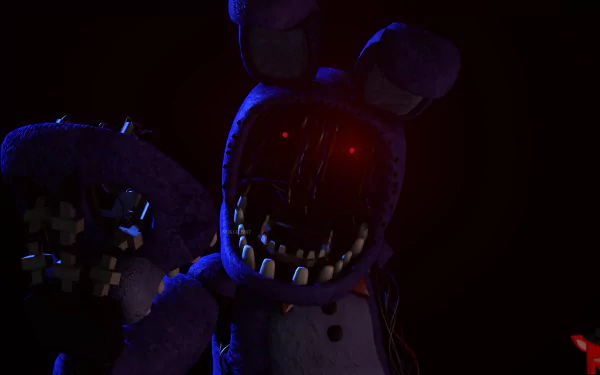 Dark, eerie Five Nights at Freddy's 2 animatronic with glowing red eyes set against a black background, rendered in 4K Ultra HD for a PC desktop wallpaper.