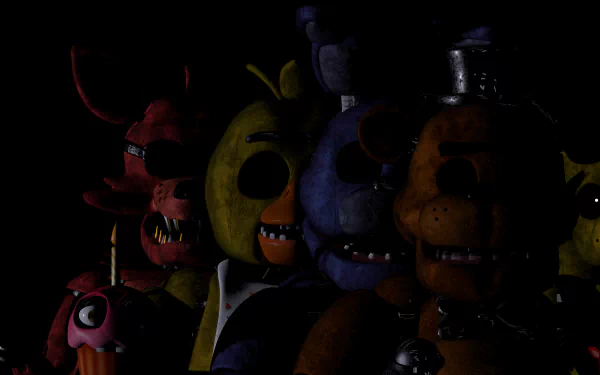 Sinister animatronics Foxy and Freddy from the horror video game Five Nights at Freddy's in a creepy HD desktop wallpaper of Freddy Fazbear's Pizza.
