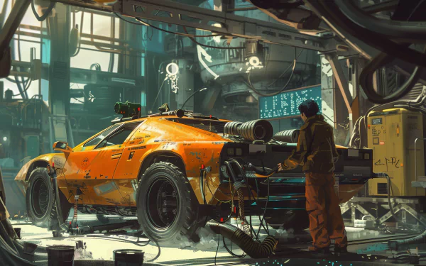 HD wallpaper of a futuristic orange car being repaired in a sci-fi themed garage with complex machinery and a person wearing a jumpsuit working on the vehicle.