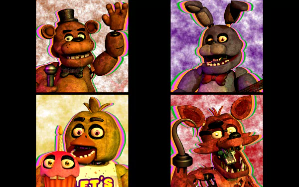 Four iconic characters - Freddy and Foxy from Five Nights at Freddy's, featured in a HD desktop wallpaper setting of Freddy Fazbear's Pizza.