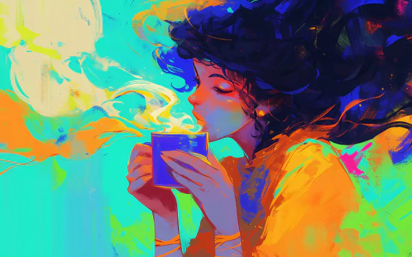 A vibrant HD wallpaper featuring an illustrated woman enjoying a cup of coffee with a colorful, aesthetic background.