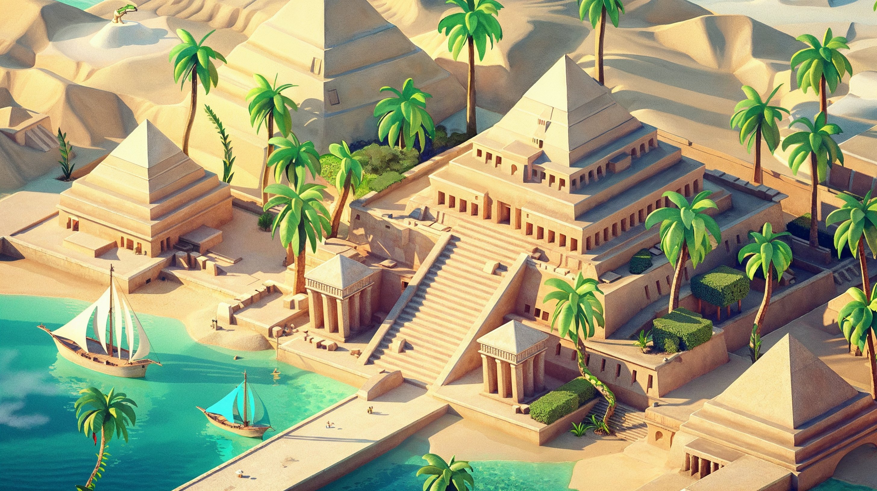 Isometric HD wallpaper depicting an ancient Egyptian landscape with pyramids, palm trees, and a river with boats.