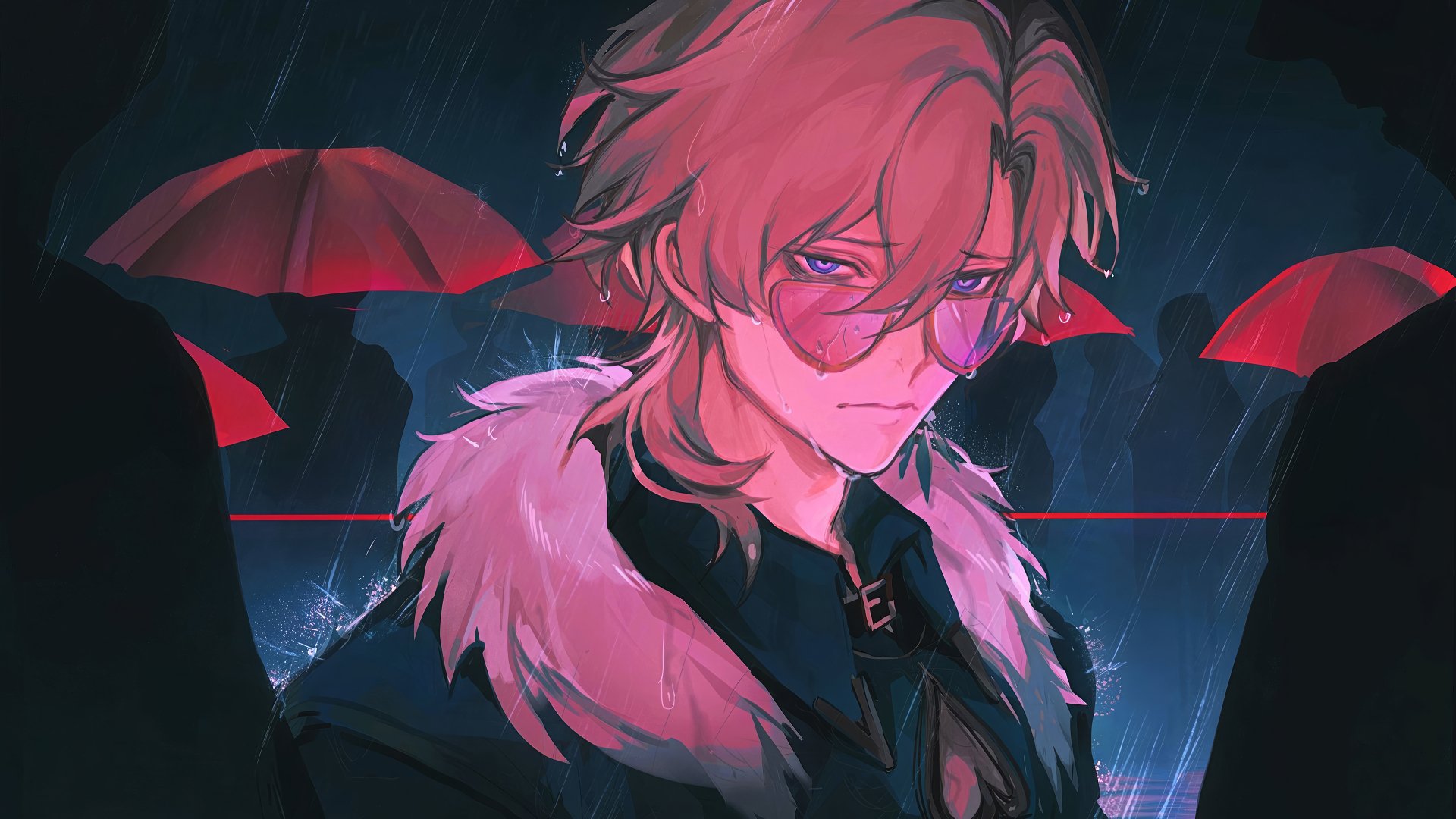 HD wallpaper featuring Aventurine from the video game Honkai: Star Rail, depicted with red hair and an eye patch, standing before a backdrop with red umbrellas and neon lights.