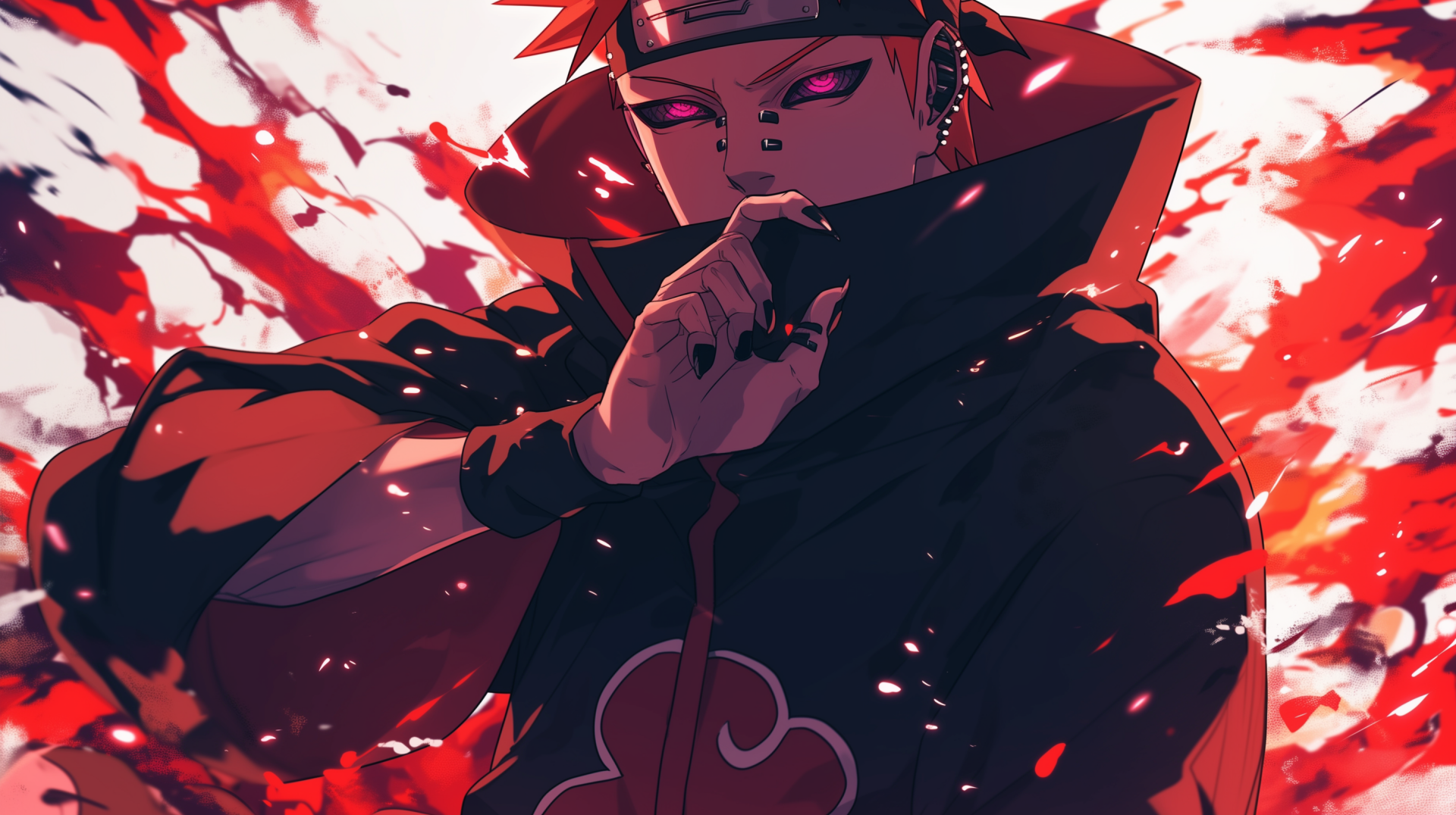 HD wallpaper featuring an intense illustration of Pain from Naruto, showcasing the character's piercing Rinnegan eyes and Akatsuki cloak, set against a dynamic red and black background.