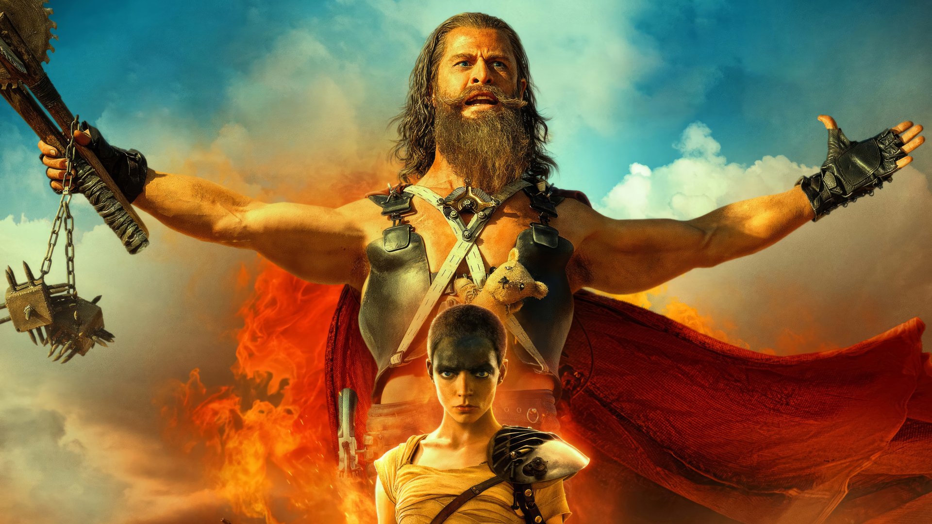 HD desktop wallpaper featuring a scene from Furiosa: A Mad Max Saga, with a character in a dramatic pose against a fiery backdrop.