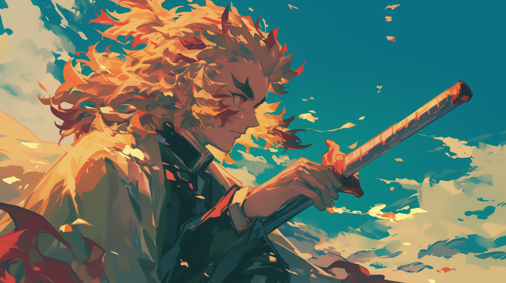 HD desktop wallpaper of the character Kyojuro Rengoku from Demon Slayer: Kimetsu no Yaiba anime, featuring a close-up with Rengoku holding his sword against a vibrant sky backdrop.